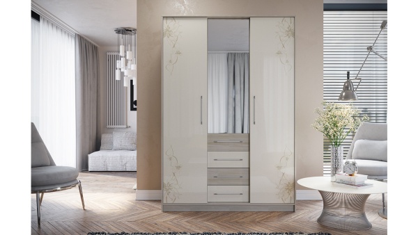 Шкаф-Купе Мадлен Ясень Шимо/Бежевый Глянец с Рисунком (Ш-1506 х В-2203 х Г-560 мм)